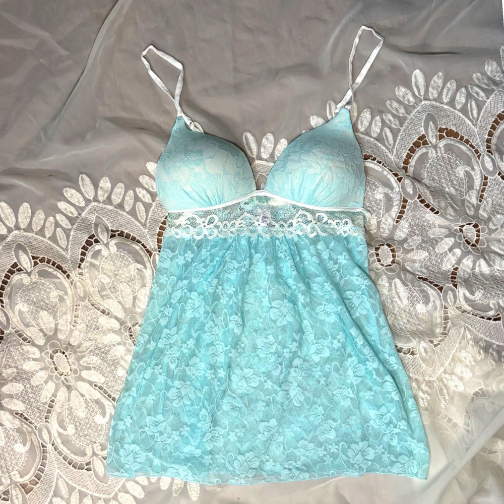 Y2K Fairy Teal Aqua Blue Floral Lace Babydoll Chemise Padded Cups Small